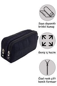 01105 Krinkıl Kumaş Yıkanabilir Çift Bölmeli Gözlü Kalemlik Kalem Kutusu - Siyah ürün fotoğrafı