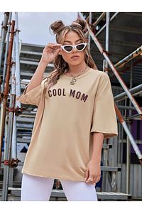 Kadın Bej Cool Mom Baskılı Hamile Tişört ürün fotoğrafı