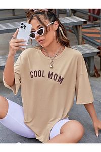 Kadın Bej Cool Mom Baskılı Hamile Tişört ürün fotoğrafı
