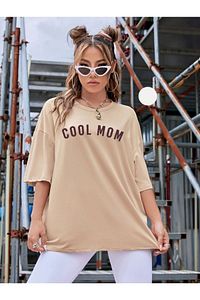 Kadın Bej Cool Mom Baskılı Hamile Tişört ürün fotoğrafı