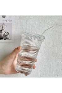1 Adet Tekli Pinterest Model Origami Çizgili Mika Kapaklı Cam Pipetli Bardak ürün fotoğrafı