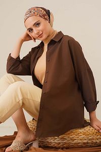 103901 Oversize Basic Tesettür Gömlek - Kahverengi ürün fotoğrafı