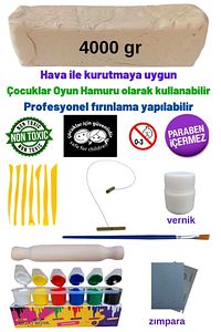 Seramik Hamuru 4000 Gr, 7li Plastik Ebeşuar (MODELAJ SETİ), Kesme Teli-ipi, Guaj, Doğal Kil Çamuru ürün fotoğrafı