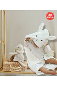 Ekstra Yumuşak Pamuklu Kız-erkek Yenidoğan/bebek Banyo Kundak Havlusu Ekru/tavşan ürün fotoğrafı