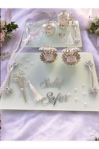 İnci Söz Nişan Tepsi Seti  İncili Damat Kahve Tepsisi İncili Söz  Nişan Kurdelesi İnci Kız İsteme ürün fotoğrafı