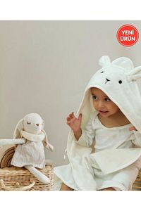 Ekstra Yumuşak Pamuklu Kız-erkek Yenidoğan/bebek Banyo Kundak Havlusu Ekru/tavşan ürün fotoğrafı
