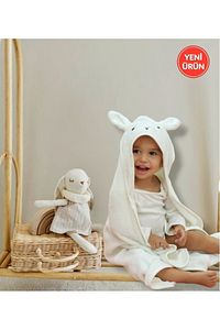 Ekstra Yumuşak Pamuklu Kız-erkek Yenidoğan/bebek Banyo Kundak Havlusu Ekru/tavşan ürün fotoğrafı