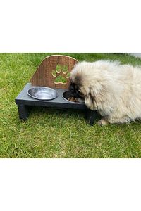 Mama Kabı Pati Desenli Ahşap Çelik Kaseli Kedi Köpek Mama Ve Su Kabı ürün fotoğrafı