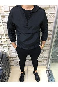 Unisex Siyah Ince Kanguru Cep Yağmurluk ürün fotoğrafı