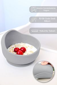 5'li Silikon Beslenme Seti - Bebek Mama Önlüğü - Tabak - Vakumlu Kase - Pipetli Bardak - Kaşık-Gri ürün fotoğrafı