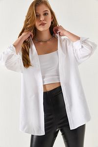 Oversize Uzun Basic Gömlek - Beyaz ürün fotoğrafı