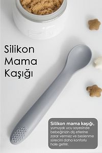 5'li Silikon Beslenme Seti - Bebek Mama Önlüğü - Tabak - Vakumlu Kase - Pipetli Bardak - Kaşık-Gri ürün fotoğrafı