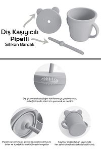 5'li Silikon Beslenme Seti - Bebek Mama Önlüğü - Tabak - Vakumlu Kase - Pipetli Bardak - Kaşık-Gri ürün fotoğrafı