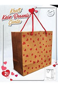 Kraft Karton Çanta Kırmızı Kalp Desenli Hediye Paketi Çanta Poşet 2'li 22*22*11cm -T889 ürün fotoğrafı