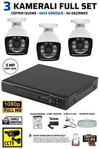 3 Kameralı Kare 3 Dış Kamera Set 250 Gb Hdd Full Hd Gece Görüşlü Güvenlik Kamerası Sistemi ürün fotoğrafı