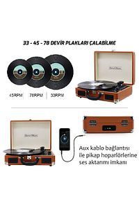 T310ch Pikap Plak Çalar- Kahverengi - Şarj Edilebilir - 33, 45, 78 Devir - Universal Iğneli ürün fotoğrafı