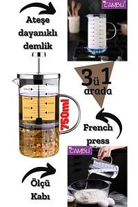 Cambu 600ml 3 Ü 1 Arada (ATEŞE DAYANIKLI) French Press Demlik, Ölçü Kabı ürün fotoğrafı