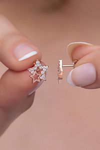 925 Ayar Gümüş Zirkon Taşlı Çift Yıldız Model Küpe ürün fotoğrafı