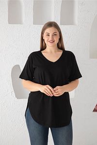 Kadın V Yaka Büyük Beden T-shirt Siyah ürün fotoğrafı