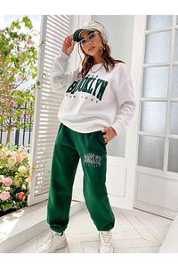 1898 Brooklyn Yeşil Jogger Beyaz Sweatshirt Alt Üst Eşofman Takımı Oversize Bisiklet Yaka ürün fotoğrafı