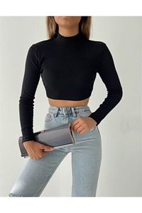 Kadın Siyah Fitilli Yarım Balıkçı Yaka Kaşkorse Crop Bluz ürün fotoğrafı