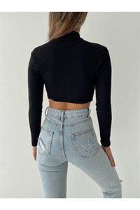Kadın Siyah Fitilli Yarım Balıkçı Yaka Kaşkorse Crop Bluz ürün fotoğrafı