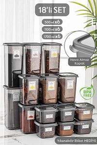 18'li Set Kapaklı Kare Erzak Saklama Kabı Antrasit 6x(0,50 LT-1,10 LT -1,70 LT) Etiketli Baharatlık ürün fotoğrafı