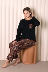 Büyük Beden Siyah Renkli Leopar Desenli Cepli Uzun Kollu Battal Pijama Takımı B-4 ürün fotoğrafı