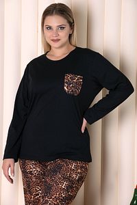 Büyük Beden Siyah Renkli Leopar Desenli Cepli Uzun Kollu Battal Pijama Takımı B-4 ürün fotoğrafı