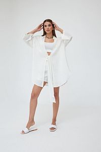 Kırık Beyaz Flam Keten Kimono Gömlek ürün fotoğrafı