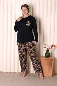 Büyük Beden Siyah Renkli Desenli Cepli Uzun Kollu Battal Pijama Takımı B-6 ürün fotoğrafı