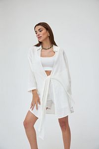 Kırık Beyaz Flam Keten Kimono Gömlek ürün fotoğrafı