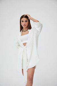 Kırık Beyaz Flam Keten Kimono Gömlek ürün fotoğrafı