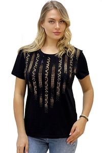 Leopar Crystal Taşlı Kısa Kol Bisiklet Yaka Büyük Beden Plus Size Pamuk Siyah Kadın T-shirt ürün fotoğrafı