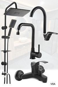 Siyah Robot Siyah Tepe Yağmurlama Duş Seti Mutfak Banyo Lavabo Bataryası Set ürün fotoğrafı