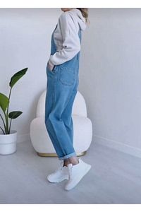 Kot Tulum Bahçıvan Salopet Açık Mavi Uzun Denim Salopet ürün fotoğrafı