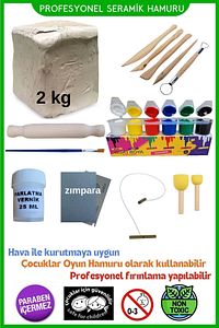 Seramik Hamuru Başlangıç Seti - Guaj Boya, Ebeşuar, Merdane,fırça, 2000gr Beyaz Doğal Kil ürün fotoğrafı