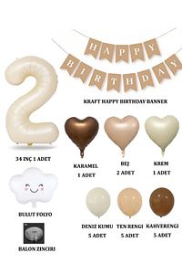 2 Yaş Retro Doğum Günü Seti; Krem Rakam Folyo, Banner, Kalp Folyo ve Lateks Balon ürün fotoğrafı