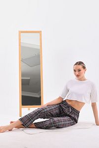 Ekose Baskılı Penye Pamuklu Kumaş Unisex Relaxed Yazlık Pijama Altı Gri ürün fotoğrafı