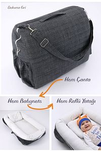 Umay Çantalı Taşınabilir Reflü Yatağı, Babynest, Anne Çantası - Dokuma Gri ürün fotoğrafı
