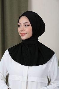 Tessetür Kadın Çıtçıtlı Hijap Bone Hazır Türban Şal Siyah ürün fotoğrafı