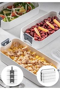 3 Katlı Taşınabilir Yemek Kabı – Lunch Box Diyet Beslenme Kutusu Saklama Kabı Çatal Kaşıklı Gri ürün fotoğrafı
