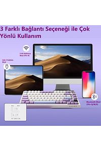 Ajazz Ak820 %75 Mekanik Klavye Akıllı Ekranlı Bağlantı Modlu Profesyonel Gaming Klavye Mor Beyaz ürün fotoğrafı
