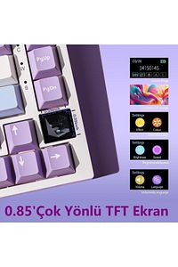 Ajazz Ak820 %75 Mekanik Klavye Akıllı Ekranlı Bağlantı Modlu Profesyonel Gaming Klavye Mor Beyaz ürün fotoğrafı