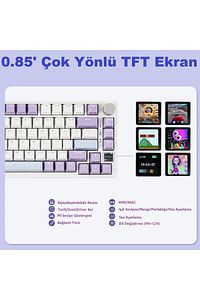 Ajazz Ak820 %75 Mekanik Klavye Akıllı Ekranlı Bağlantı Modlu Profesyonel Gaming Klavye Mor Beyaz ürün fotoğrafı