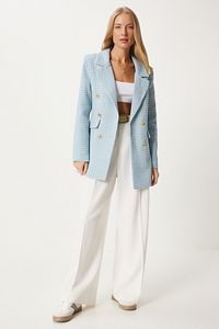 Kadın Gök Mavi Dügmeli Blazer Tüvit Ceket WF00004 ürün fotoğrafı