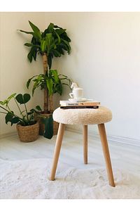 Gürgen Ahşap Retro Ayak Dekoratif Krem Peluş Puf Tabure Bench Koltuk Sandalye ürün fotoğrafı