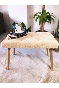 Gürgen Retro Ahşap Ayaklı Handmade Krem Pofidik Puf Bench Koltuk Sandalye ürün fotoğrafı