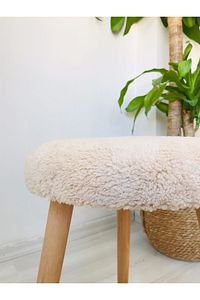 Gürgen Ahşap Retro Ayak Dekoratif Krem Peluş Puf Tabure Bench Koltuk Sandalye ürün fotoğrafı