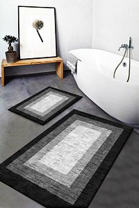 Mısırlı Halı Gri Siyah Beyaz Kutulu Desenli Yıkanabilir Kaymaz Banyo Paspası 2'li Klozet Takım ürün fotoğrafı